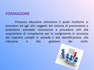 FORMAZIONE
Processo educativo attraverso il quale trasferire ai
lavoratori ed agli altri soggetti del sistema di prevenzione e
protezione aziendale conoscenze e procedure utili alla
acquisizione di competenze per lo svolgimento in sicurezza
dei rispettivi compiti in azienda e alla identificazione, alla
riduzione e alla gestione dei rischi.
8
 