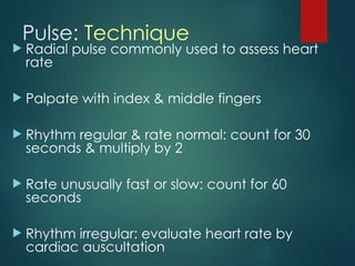 Pulse: Technique
 Radial pulse commonly used to assess heart
rate
 Palpate with index & middle fingers
 Rhythm regular & rate normal: count for 30
seconds & multiply by 2
 Rate unusually fast or slow: count for 60
seconds
 Rhythm irregular: evaluate heart rate by
cardiac auscultation
 