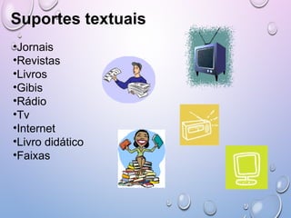 •Jornais
•Revistas
•Livros
•Gibis
•Rádio
•Tv
•Internet
•Livro didático
•Faixas
Suportes textuais
 