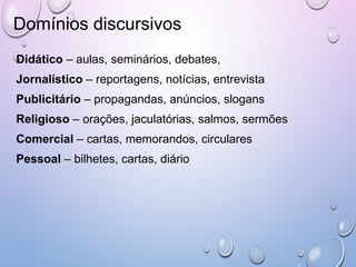 Didático – aulas, seminários, debates,
Jornalístico – reportagens, notícias, entrevista
Publicitário – propagandas, anúncios, slogans
Religioso – orações, jaculatórias, salmos, sermões
Comercial – cartas, memorandos, circulares
Pessoal – bilhetes, cartas, diário
Domínios discursivos
 