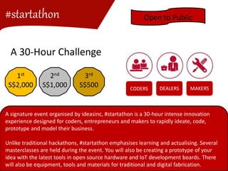 A 30-hour stay-in challenge.
#startathon is a combination of
hackathon, rapid prototyping and
business modeling.
CODERS DEALERS MAKERS
A signature event organised by ideasinc, #startathon is a 30-hour intense innovation
experience designed for coders, entrepreneurs and makers to rapidly ideate, code,
prototype and model their business.
Unlike traditional hackathons, #startathon emphasises learning and actualising. Several
masterclasses are held during the event. You will also be creating a prototype of your
idea with the latest tools in open source hardware and IoT development boards. There
will also be equipment, tools and materials for traditional and digital fabrication.
A 30-Hour Challenge
Open to Public
1st
S$2,000
2nd
S$1,000
3rd
S$500
#startathon
 