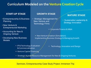 START-UP STAGE
• Entrepreneurship & Business
Planning
• New Venture &
Entrepreneurial Marketing
• Accounting for New &
Ongoing Venture
• Developing New Business
Models
GROWTH STAGE
• Strategic Management for
New Venture and
Technology Firms
MATURE STAGE
• Sustainable Leadership &
Strategy Innovation
Curriculum Modeled on theVenture Creation Cycle
Seminars, Entrepreneurship Case Study Project, Immersion Trip
• Strategic Human Resource Management for New & Ongoing Ventures
• Technology, Innovation and Design• IP &Technology Evaluation
& Commercialization
• Venture Capital Financing
• NewVenture Creation (Simulation):
Implementing Business Strategy & Managing Growth
• Corporate Finance & M&A
 