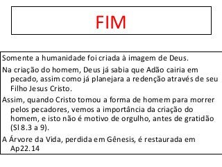 FIM
Somente a humanidade foi criada à imagem de Deus.
Na criação do homem, Deus já sabia que Adão cairia em
pecado, assim como já planejara a redenção através de seu
Filho Jesus Cristo.
Assim, quando Cristo tomou a forma de homem para morrer
pelos pecadores, vemos a importância da criação do
homem, e isto não é motivo de orgulho, antes de gratidão
(Sl 8.3 a 9).
A Árvore da Vida, perdida em Gênesis, é restaurada em
Ap22.14
 