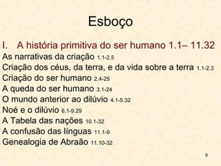 Esboço
I. A história primitiva do homem 1.1 a 11.32
As narrativas da criação 1.1-2.5
Criação dos céus, da terra, e da vida sobre a terra 1.1-2.3
Criação do ser humano 2.4-25
A queda do ser humano 3.1-24
O mundo anterior ao dilúvio 4.1-5.32
Noé e o dilúvio 6.1-9.29
A Tabela das nações 10.1-32
A confusão das línguas 11.1-9
Genealogia de Abraão 11.10-32
8
 