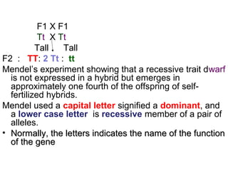F1 X F1
Tt X Tt
Tall Tall
F2 : TT: 2 Tt : tt
Mendel’s experiment showing that a recessive trait dwarf
is not expressed in a hybrid but emerges in
approximately one fourth of the offspring of self-
fertilized hybrids.
Mendel used a capital letter signified a dominant, and
a lower case letter is recessive member of a pair of
alleles.
• Normally, the letters indicates the name of the functionNormally, the letters indicates the name of the function
of the geneof the gene
 