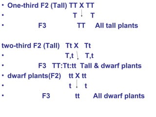 • One-third F2 (Tall) TT X TT
• T T
• F3 TT All tall plants
two-third F2 (Tall) Tt X Tt
• T,t T,t
• F3 TT:Tt:tt Tall & dwarf plants
• dwarf plants(F2) tt X tt
• t t
• F3 tt All dwarf plants
 