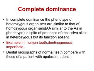 Complete dominance
• In complete dominance the phenotype of
heterozygous organisms are similar to that of
homozygous organisms(AA similar to the Aa in
phenotype) in spite of presence of recessive allele
in heterozygous but its function absent.
• Example:In human teeth,dentinogenesis
imperfecta.
• Dental radiographs of normal teeth compare with
those of a patient with opalescent dentin
 