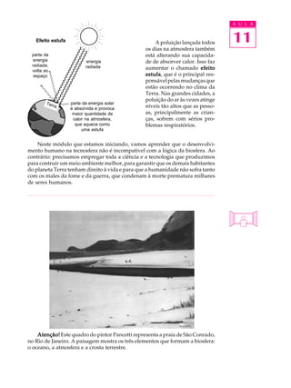 A U L A


   Efeito estufa                                     A poluição lançada todos     11
                                                 os dias na atmosfera também
 parte da                                        está alterando sua capacida-
  energia                  energia               de de absorver calor. Isso faz
 radiada,                 radiada
 volta ao
                                                 aumentar o chamado efeito
  espaço                                         estufa que é o principal res-
                                                 estufa,
                                                 ponsável pelas mudanças que
                                                 estão ocorrendo no clima da
                                                 Terra. Nas grandes cidades, a
                                                 poluição do ar às vezes atinge
       Ter         parte da energia solar
             ra                                  níveis tão altos que as pesso-
                   é absorvida e provoca
                    maior quantidade de          as, principalmente as crian-
                    calor na atmosfera,          ças, sofrem com sérios pro-
                     que aquece como             blemas respiratórios.
                        uma estufa


    Neste módulo que estamos iniciando, vamos aprender que o desenvolvi-
mento humano na tecnosfera não é incompativel com a lógica da biosfera. Ao
contrário: precisamos empregar toda a ciência e a tecnologia que produzimos
para contruir um meio ambiente melhor, para garantir que os demais habitantes
do planeta Terra tenham direito à vida e para que a humanidade não sofra tanto
com os males da fome e da guerra, que condenam à morte prematura milhares
de seres humanos.




    Atenção! Este quadro do pintor Pancetti representa a praia de São Conrado,
no Rio de Janeiro. A paisagem mostra os três elementos que formam a biosfera:
o oceano, a atmosfera e a crosta terrestre.
 