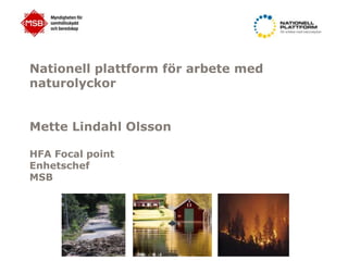 Nationell plattform för arbete med
naturolyckor


Mette Lindahl Olsson

HFA Focal point
Enhetschef
MSB
 