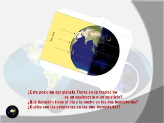 ¿Esta posición del planeta Tierra en su traslación 
es un equinoccio o un solsticio? 
¿Qué duración tiene el día y la noche en los dos hemisferios? 
¿Cuáles son las estaciones en los dos hemisferios? 
 