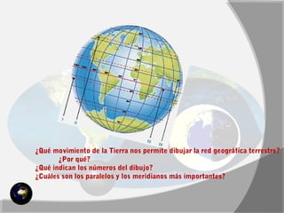 ¿Qué movimiento de la Tierra nos permite dibujar la red geográfica terrestre? 
¿Por qué? 
¿Qué indican los números del dibujo? 
¿Cuáles son los paralelos y los meridianos más importantes? 
 