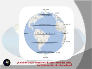 ¿A qué distancia angular del Ecuador están los polos, 
los trópicos y los círculos polares? 
 