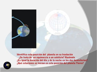 Identifica esta posición del planeta en su traslación 
¿Se trata de un equinoccio o un solsticio? Razónalo 
¿Es igual la duración del día y de la noche en los dos hemisferios? 
¿Qué estaciones se inician en esta posición del planeta Tierra? 
 