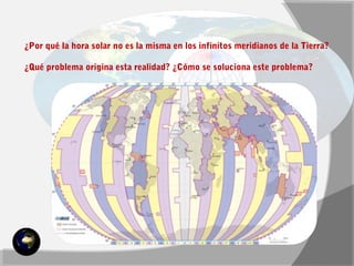 ¿Por qué la hora solar no es la misma en los infinitos meridianos de la Tierra? 
¿Qué problema origina esta realidad? ¿Cómo se soluciona este problema? 
 