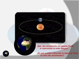 GE 
¿Qué dos movimientos del planeta Tierra 
se representan en estos dibujos? 
¿En qué sentido o dirección se mueve la Tierra 
en estos dos movimientos? 
 