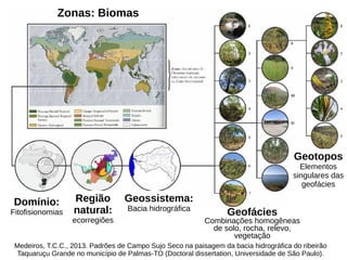 Medeiros, T.C.C., 2013. Padrões de Campo Sujo Seco na paisagem da bacia hidrográfica do ribeirão
Taquaruçu Grande no município de Palmas-TO (Doctoral dissertation, Universidade de São Paulo).
Zonas: Biomas
Domínio:
Fitofisionomias
Região
natural:
ecorregiões
Geossistema:
Bacia hidrográfica
Geotopos
Elementos
singulares das
geofácies
Geofácies
Combinações homogêneas
de solo, rocha, relevo,
vegetação
 
