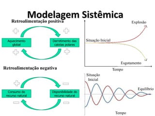 Modelagem Sistêmica
Modelagem Sistêmica
Consumo do
recurso natural
Disponibilidade do
recurso natural
Retroalimentação negativa
Retroalimentação positiva
Aquecimento
global
Derretimento das
calotas polares
Situação Inicial
Explosão
Esgotamento
Tempo
Tempo
Equilíbrio
Situação
Inicial
 
