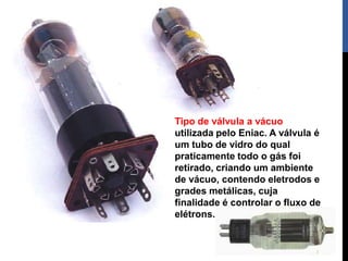 Tipo de válvula a vácuo
utilizada pelo Eniac. A válvula é
um tubo de vidro do qual
praticamente todo o gás foi
retirado, criando um ambiente
de vácuo, contendo eletrodos e
grades metálicas, cuja
finalidade é controlar o fluxo de
elétrons.
 