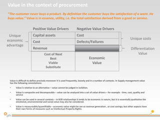 Positive Value Drivers
Cost
Capital assets
Revenue
Negative Value Drivers
Defects/Failures
Cost
Cost of Next
Best
Viable
Substitute
Economic
Value
Unique costs
Unique
economic
advantage
Differentiation
Value
Value is difficult to define precisely moreover it is used frequently, loosely and in a number of contexts. In Supply management value
has the following connotations:
• Value is relative to an alternative – value cannot be judged in isolation.
• Value is composite and decomposable – value can be analysed into a set of value drivers – for example - time, cost, quality and
service
• Value can be used in several contexts – in B2B relationships it tends to be economic in nature, but it is essentially qualitative the
emotional, environmental and social value may also be considered.
• Value is measureable/quantifiable – economic value might be see as revenue generation , or cost savings; but other aspects have
their own forms of measures such as Intellectual Property Rights.
Value in the context of procurement
“The customer never buys a product. By definition the customer buys the satisfaction of a want. He
buys value.” Value is in essence, utility, i.e. the total satisfaction derived from a good or service.
 