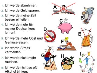 1. Ich werde abnehmen.
                                   A
2. Ich werde Geld sparen.
3. Ich werde meine Zeit
   besser einteilen.                       B
                                       C
4. Ich werde mehr für
   meiner Deutschkurs          D
   lernen!
                                           E
5.   Ich werde mehr Obst und
     Gemüse essen.                     F
6.   Ich werde Stress
     vermeiden.
                              G        H   I
7.   Ich werde nicht mehr
     rauchen.
8.   Ich werde nicht so oft
     Alkohol trinken.
 