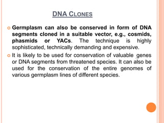 DNA CLONES
 Germplasm can also be conserved in form of DNA
segments cloned in a suitable vector, e.g., cosmids,
phasmids or YACs. The technique is highly
sophisticated, technically demanding and expensive.
 It is likely to be used for conservation of valuable .genes
or DNA segments from threatened species. It can also be
used for the conservation of the entire genomes of
various germplasm lines of different species.
 