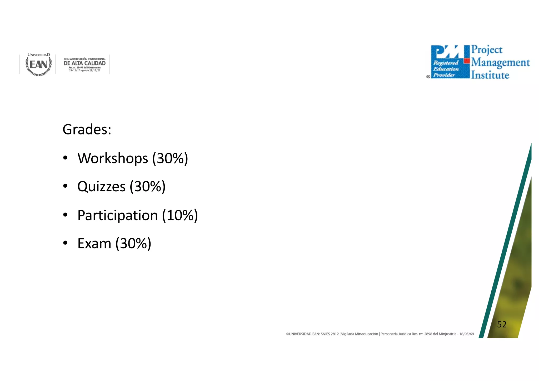 52
Grades:
• Workshops (30%)
• Quizzes (30%)
• Participation (10%)
• Exam (30%)
 