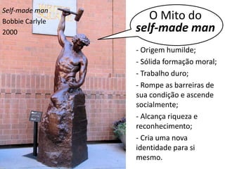 Self-made man 
Bobbie Carlyle 
2000 
O Mito do 
self-made man 
- Origem humilde; 
- Sólida formação moral; 
- Trabalho duro; 
- Rompe as barreiras de 
sua condição e ascende 
socialmente; 
- Alcança riqueza e 
reconhecimento; 
- Cria uma nova 
identidade para si 
mesmo. 
 