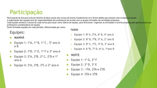 Participação
Participarão da Gincana Cultural História do Rock alunos das turmas do Ensino Fundamental I,II e Ensino Médio que estejam matriculados na escola.
A organização das equipes será de responsabilidade dos professores de acordo com os grupos formados nas atividades propostas.
Cada equipe nomeará 2 alunos de cada turma para atuar como líderes de equipe, para direcionar/ organizar as atividades e tarefas proposta pela gincana junto aos
professores coordenadores de equipe.
Serão formadas equipes em cada período, diferenciadas por cores:

TARDE

Equipes:


Equipe 2: 8ª B, 7ªB, 5ª A, 2º ano B



Equipe 3: 8ª C, 7ªC, 5ª B, 3º ano B



Equipe 1: 1ºA, 1º B, 1º C , 5º ano A
eB

Equipe 1: 8ª A ,7ªA, 6ª B, 4º ano A



MANHÃ





Equipe 4: 8 ªD, 7ª D, 6ª A, 1ºano B



Equipe 2: 1ºD, 1º E, 1º F e 3º ano A



Equipe 3: 2ºA, 2ºB, 2º C, 2ºD e 1º
ano A



NOITE



Equipe 1: 1º G, 2º F

Equipe 4: 3ºA, 3ºB, 3ºC e 2º ano A



Equipe 2: 3º D, 3º E



Equipe 3 : 1TA, 2TA e 2TB



Equipe 4: 3TA e 3TB



 
