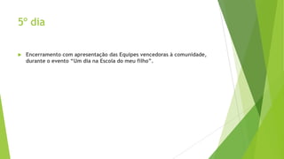 5º dia


Encerramento com apresentação das Equipes vencedoras à comunidade,
durante o evento “Um dia na Escola do meu filho”.

 