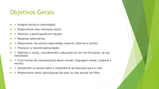 Objetivos Gerais


Integrar escola e comunidade;



Proporcionar uma interação social;



Valorizar a participação em equipe;



Respeitar adversários;



Desenvolver nos alunos capacidades motoras, afetivas e sociais;



Promover a interdisciplinaridade;



Valorizar o social, considerando o educando um ser em formação, na sua
totalidade;



Criar formas de representação desse mundo: linguagem verbal, corporal e
escrita;



Sensibilizar os alunos sobre a importância da educação para a vida;



Proporcionar maior participação dos pais na vida escolar do filho.

 