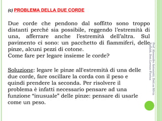 Due corde che pendono dal soffitto sono troppo distanti perché sia possibile, reggendo l’estremità di una, afferrare anche l’estremità dell’altra. Sul pavimento ci sono: un pacchetto di fiammiferi, delle pinze, alcuni pezzi di cotone. Come fare per legare insieme le corde? (c)  PROBLEMA DELLA DUE CORDE Soluzione : legare le pinze all'estremità di una delle due corde, fare oscillare la corda con il peso e quindi prendere la seconda. Per risolvere il problema è infatti necessario pensare ad una funzione “inusuale” delle pinze: pensare di usarle come un peso.  Prof. Alessandro Antonietti, Dott.sa Silvia Raffaldi, Dott.Lorenzo Fiorina 