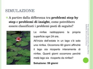 SIMULAZIONE A partire dalla differenza tra  problemi step by step  e  problemi di insight , come potrebbero essere classificati i problemi posti di seguito? Le ninfee raddoppiano la propria superficie ogni 24 ore.  All’inizio dell’estate in un lago c’è solo una ninfea. Occorrono 60 giorni affinché il lago sia ricoperto interamente di ninfee. Quanti giorni occorrono perché metà lago sia  ricoperto da ninfee? Soluzione: 59 giorni Prof. Alessandro Antonietti, Dott.sa Silvia Raffaldi, Dott.Lorenzo Fiorina 