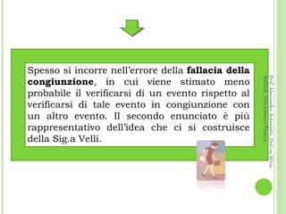 Spesso si incorre nell’errore della  fallacia della congiunzione , in cui viene stimato meno probabile il verificarsi di un evento rispetto al verificarsi di tale evento in congiunzione con un altro evento. Il secondo enunciato è più rappresentativo dell’idea che ci si costruisce della Sig.a Velli. Prof. Alessandro Antonietti, Dott.sa Silvia Raffaldi, Dott.Lorenzo Fiorina 