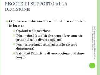 REGOLE DI SUPPORTO ALLA DECISIONE Ogni scenario decisionale è definibile e valutabile in base a: Opzioni a disposizione Dimensioni (qualità che sono diversamente presenti nelle diverse opzioni) Pesi (importanza attribuita alle diverse dimensioni) Esiti (cui l’adozione di una opzione può dare luogo) Prof. Alessandro Antonietti, Dott.sa Silvia Raffaldi, Dott.Lorenzo Fiorina 