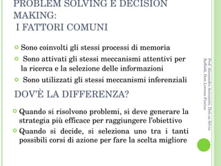 PROBLEM SOLVING E DECISION MAKING:  I FATTORI COMUNI Sono coinvolti gli stessi processi di memoria Sono attivati gli stessi meccanismi attentivi per la ricerca e la selezione delle informazioni Sono utilizzati gli stessi meccanismi inferenziali DOV’È LA DIFFERENZA? Quando si risolvono problemi, si deve generare la strategia più efficace per raggiungere l’obiettivo Quando si decide, si seleziona uno tra i tanti possibili corsi di azione per fare la scelta migliore Prof. Alessandro Antonietti, Dott.sa Silvia Raffaldi, Dott.Lorenzo Fiorina 