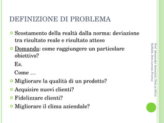 DEFINIZIONE DI PROBLEMA  Scostamento della realtà dalla norma: deviazione tra risultato reale e risultato atteso Domanda : come raggiungere un particolare obiettivo? Es.  Come … Migliorare la qualità di un prodotto? Acquisire nuovi clienti? Fidelizzare clienti? Migliorare il clima aziendale? Prof. Alessandro Antonietti, Dott.sa Silvia Raffaldi, Dott.Lorenzo Fiorina 