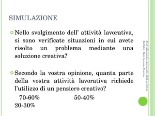 SIMULAZIONE Nello svolgimento dell’ attività lavorativa, si sono verificate situazioni in cui avete risolto un problema mediante una soluzione creativa? Secondo la vostra opinione, quanta parte della vostra attività lavorativa richiede l’utilizzo di un pensiero creativo? 70-60%  50-40%  20-30% Prof. Alessandro Antonietti, Dott.sa Silvia Raffaldi, Dott.Lorenzo Fiorina 