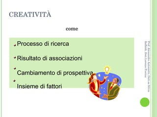 CREATIVITÀ come Processo di ricerca Risultato di associazioni Cambiamento di prospettiva Insieme di fattori Prof. Alessandro Antonietti, Dott.sa Silvia Raffaldi, Dott.Lorenzo Fiorina 