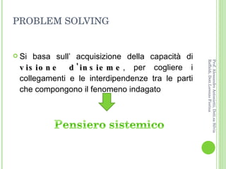 PROBLEM SOLVING <ul><li>Si basa sull’ acquisizione della capacità di  visione d'insieme , per cogliere i collegamenti e le...