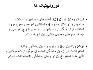 ‫ها‬ ‫نورولیپتیک‬
•
‫در‬ ‫نیز‬ ‫ادویه‬ ‫این‬
CTZ
‫بالک‬ ‫را‬ ‫دوپامین‬ ‫های‬ ‫آخذه‬
‫مینماید‬
.
‫موارد‬ ‫اکثر‬ ‫در‬ ‫و‬
(
‫سفر‬ ‫امراض‬ ‫استثنای‬ ‫به‬
)
‫مو‬
‫رد‬
‫میگیرد‬ ‫قرار‬ ‫استفاده‬
.
‫ا‬ ‫اهرامی‬ ‫خارج‬ ‫اعراض‬ ‫و‬ ‫سیدیشن‬
‫ز‬
‫است‬ ‫ادویه‬ ‫این‬ ‫جانبی‬ ‫معمول‬ ‫عوارض‬ ‫جمله‬
.
•
‫نوت‬
:
‫ب‬ ‫ویتامین‬
6
‫وقایه‬ ‫بمنظور‬ ‫پایریدوکسین‬ ‫یا‬
‫میگردد‬ ‫استعمال‬ ‫حاملگی‬ ‫زمان‬ ‫در‬ ‫استفراغات‬
.
‫میک‬ ‫که‬
‫انیزم‬
‫ا‬ ‫نشده‬ ‫دانسته‬ ‫حاملگی‬ ‫زمان‬ ‫در‬ ‫آن‬ ‫استفراغ‬ ‫ضد‬ ‫تأثیر‬
‫ست‬
.
 
