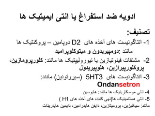 ‫ها‬ ‫ایمیتیک‬ ‫انتی‬ ‫یا‬ ‫استفراغ‬ ‫ضد‬ ‫ادویه‬
‫تصنیف‬
:
1
-
‫های‬ ‫آخذه‬ ‫های‬ ‫انتاگونیست‬
D2
‫دوپامین‬
–
‫ها‬ ‫پروکنتیک‬
‫مانند‬
:
‫میتوکلوپرامید‬ ‫و‬ ‫دومپیریدون‬
2
-
‫مانند‬ ‫ها‬ ‫نیورولیپتیک‬ ‫یا‬ ‫فینوتیازین‬ ‫مشتقات‬
:
‫کلورپ‬
،‫رومازین‬
‫هلوپیریدول‬ ،‫پروکلورپیرازین‬
3
-
‫های‬ ‫انتاگونیست‬
5HT3
(
‫سیروتونین‬
)
‫مانند‬
:
Ondansetron
4
-
‫مانند‬ ‫ها‬ ‫موسکارینیک‬ ‫انتی‬
:
‫هایوسین‬
5
-
‫ها‬ ‫هستامینیک‬ ‫انتی‬
(
‫های‬ ‫آخذه‬ ‫های‬ ‫کننده‬ ‫نهی‬
H1
)
‫مانند‬
:
‫هایدرینات‬ ‫دایمین‬ ،‫هایدرامین‬ ‫دایفن‬ ،‫پرومیتازین‬ ،‫سیکلیزین‬
 