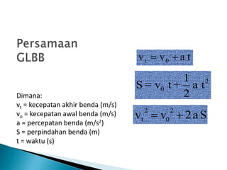 tavv 0t =
2
0 ta
2
1
+tv=S
Sa2vv
2
0
2
t =
Dimana:
vt = kecepatan akhir benda (m/s)
vo = kecepatan awal benda (m/s)
a = percepatan benda (m/s2)
S = perpindahan benda (m)
t = waktu (s)
 