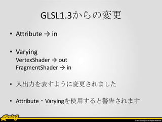 GLSL1.3からの変更
• Attribute → in

• Varying
  VertexShader → out
  FragmentShader → in

• 入出力を表すように変更されました

• Attribute・Varyingを使用すると警告されます
 