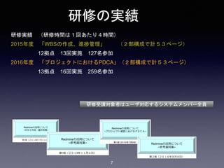 研修の実績
研修実績 （研修時間は１回あたり４時間）
2015年度 「WBSの作成、進捗管理」 （２部構成で計５３ページ）
12拠点 13回実施 127名参加
2016年度 「プロジェクトにおけるPDCA」（２部構成で計５３ページ）
13拠点 16回実施 259名参加
研修受講対象者はユーザ対応するシステムメンバー全員
7
 
