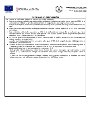 IES MIGUEL BALLESTEROS VIANA
Av.Venta del Moro,1-46300-Utiel
Telf:962101101-Fax:962170803
46008972@edu.gva.es
CRITERIOS DE CALIFICACIÓN
Los criterios de calificación a seguir en este modulo son los siguientes:
• Los contenidos conceptuales y procedimentales evaluados mediante una prueba escrita supone el 80% de la
calificación del módulo. La prueba escrita constará de preguntas tipo test y/o preguntas cortas.
Las pruebas objetivas de tipo test constarán de cuatro respuestas, por cada tres preguntas mal se restará una
bien.
• Los contenidos procedimentales evaluados mediante actividades, trabajos, supondrán el 10% de la calificación
del módulo.
• Los contenidos actitudinales supondrán el 10% de la calificación del módulo. En la evaluación que no se
realicen trabajos, etc. el 10% de esta parte pasará a las pruebas escritas donde se plantearán preguntas
referentes tanto a conceptos como a procedimientos.
• En caso de faltar injustificadamente a un control o examen, éste se dará por suspendido, con lo cual el alumno
deberá acceder a la recuperación.
• Aquellos alumnos que acumulen un número de faltas igual al 15% de la carga lectiva del módulo perderán el
derecho de evaluación continua.
• Aquellos alumnos que no superen la evaluación tendrán la posibilidad de recuperarla al inicio de la siguiente. la
3ª evaluación dada su proximidad a la evaluación final de junio, se recuperará en un examen final.
La calificación obtenida en las recuperaciones no excederá de 5.
• En la prueba ordinaria de junio y extraordinaria la nota del examen (conceptos y procedimientos) no será
superior al 5, y será necesario entregar las actividades realizadas a lo largo del curso para poder valorar el
examen.
• El hecho de que un alumno sea sorprendido copiando en un examen dará lugar a la anulación del mismo
asignando un cero a la calificación, siguiendo las directrices del RRI del centro.
 