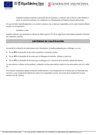 IES MIGUEL BALLESTEROS VIANA Av. Venta del Moro 1 (46300) Utiel. Tfno: 962169255. Fax: 9962169256 Email: 46008972@edu.gva.es
- Cualquier incidencia durante el desarrollo de los exámenes o controles, que se lleven a cabo durante el
curso, se resolverá conforme a lo establecido en el Reglamento de Régimen Interno del instituto
En caso de faltar injustificadamente a un control o examen, éste se dará por suspendido, con lo cual el alumno deberá
acceder a la recuperación.
- Asistencia a clase
Aquellos alumnos que acumulen un número de faltas igual al 15% de la carga lectiva del módulo perderán el derecho
de evaluación continua
CRITERIOS DE CALIFICACIÓN
La nota de la evaluación de cada alumno será, inicialmente, la media ponderada que se obtenga, a su vez:
 En un 80% el promedio de las notas en pruebas y exámenes escritos.
 En un 10% el promedio de las notas que se obtengan en controles, trabajos y ejercicios
 En un 10% el promedio de las notas que se obtengan en la valoración de la actitud y aptitud del alumno.
La nota mínima a obtener en las pruebas y exámenes escritos para realizar media con las otras partes será: de 4 sobre
10.
Si el alumno suspendiese alguna evaluación tendrá derecho a una recuperación de la misma una vez finalizada ésta,
así como, a una recuperación final de la/s parte/s no recuperadas en junio. En el caso de la recuperación la nota
máxima será de 5 puntos
 