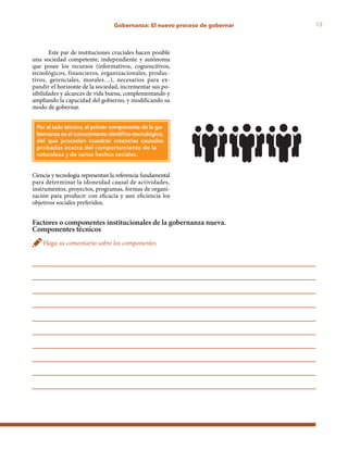 13Gobernanza: El nuevo proceso de gobernar
Este par de instituciones cruciales hacen posible
una sociedad competente, independiente y autónoma
que posee los recursos (informativos, cognoscitivos,
tecnológicos, financieros, organizacionales, produc-
tivos, gerenciales, morales…), necesarios para ex-
pandir el horizonte de la sociedad, incrementar sus po-
sibilidades y alcances de vida buena, complementando y
ampliando la capacidad del gobierno, y modificando su
modo de gobernar.
Ciencia y tecnología representan la referencia fundamental
para determinar la idoneidad causal de actividades,
instrumentos, proyectos, programas, formas de organi-
zación para producir con eficacia y aun eficiencia los
objetivos sociales preferidos.
Factores o componentes institucionales de la gobernanza nueva.
Componentes técnicos
Haga su comentario sobre los componentes
Por el lado técnico, el primer componente de la go-
bernanza es el conocimiento científico–tecnológico,
del que proceden nuestras creencias causales
probadas acerca del comportamiento de la
naturaleza y de varios hechos sociales.
 
