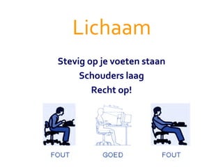 Lichaam Stevig op je voeten staan Schouders laag Recht op! 