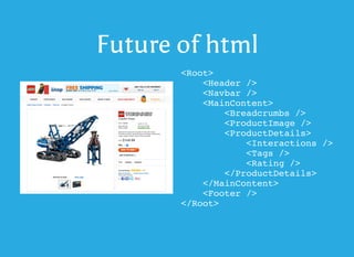 Future of html
<Root>
<Header />
<Navbar />
<MainContent>
<Breadcrumbs />
<ProductImage />
<ProductDetails>
<Interactions />
<Tags />
<Rating />
</ProductDetails>
</MainContent>
<Footer />
</Root>