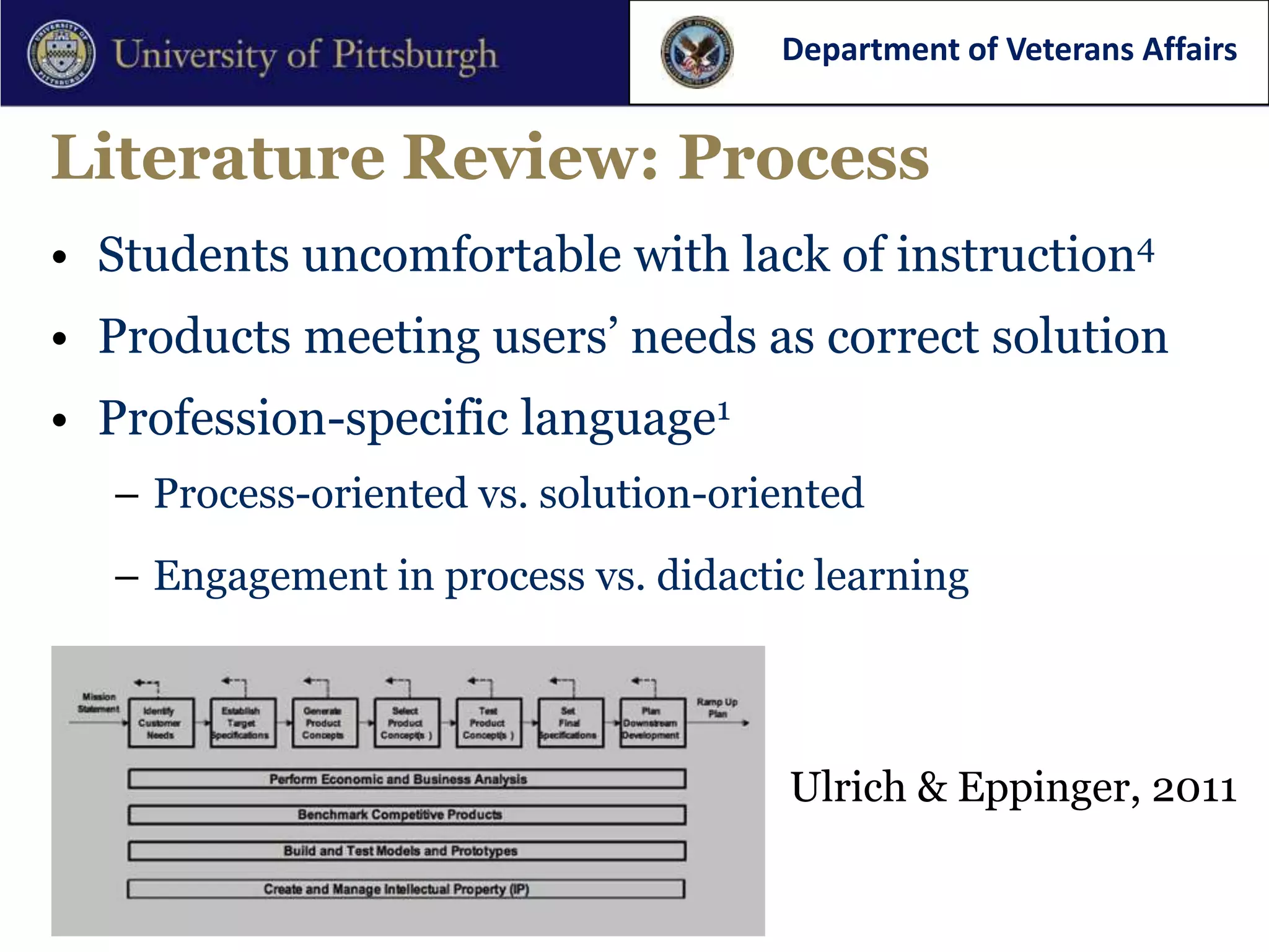 Department of Veterans Affairs


Literature Review: Process
• Students uncomfortable with lack of instruction4
• Products meeting users’ needs as correct solution
• Profession-specific language1
  – Process-oriented vs. solution-oriented
  – Engagement in process vs. didactic learning



                                     Ulrich & Eppinger, 2011
 